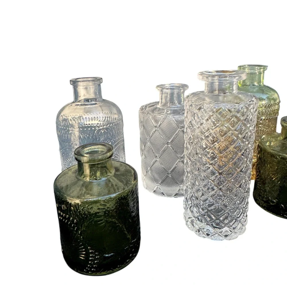 Wildmos Home Decor Assorted Glass Bud Vases Set of 6 Green Amber Clear Textured